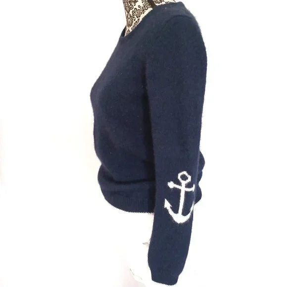 PULL OVER SWEATER ANCHORS On Long Sleeves Navy Blue Soft Plush Knit S - Picture 4 of 5